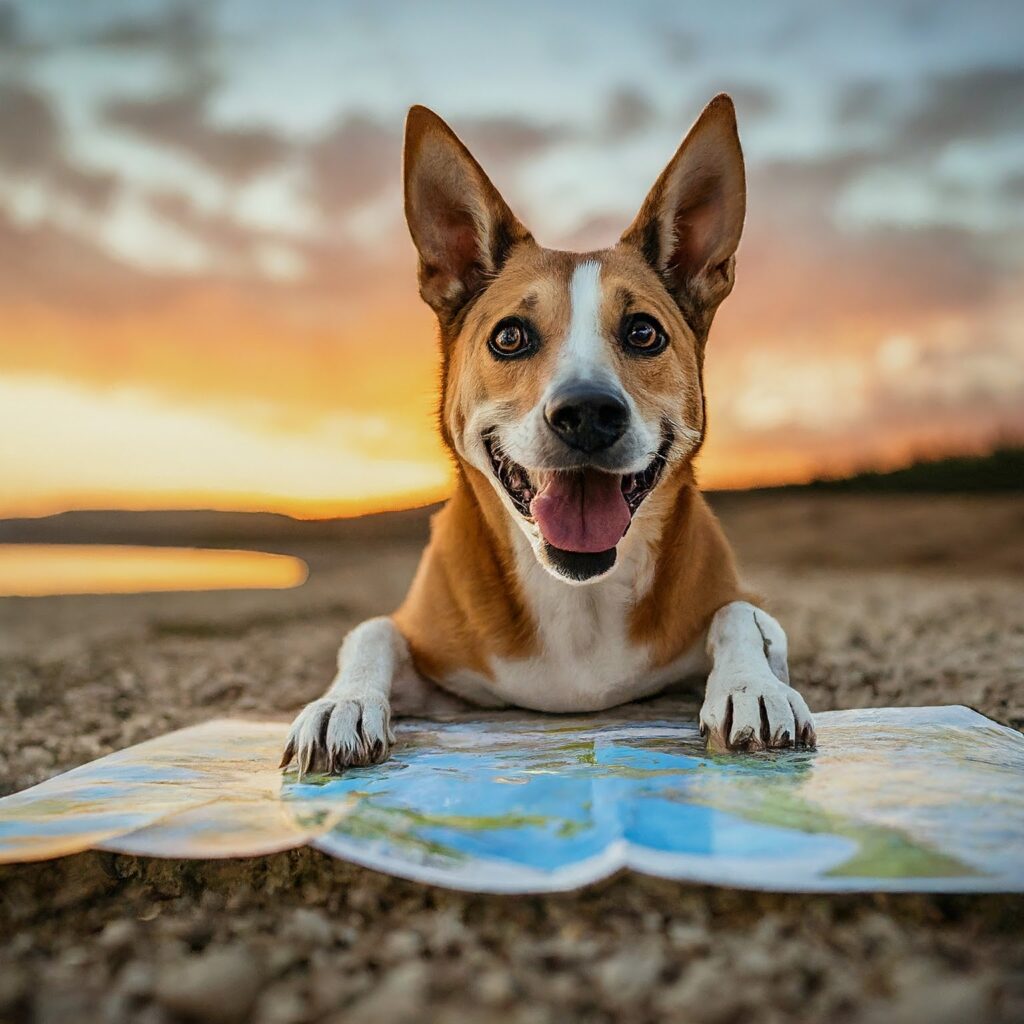 Squatting dog in a magazine page