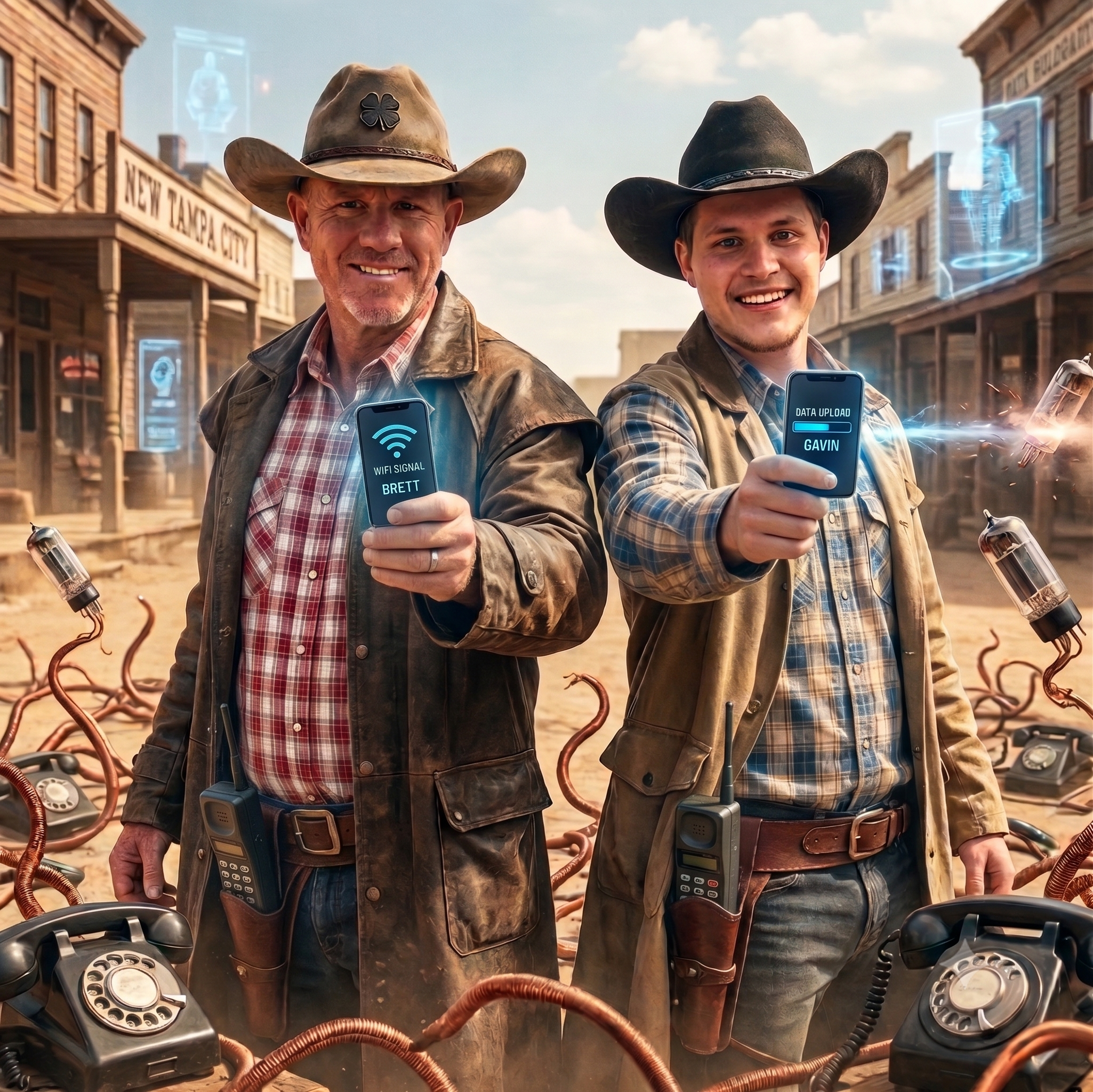 Brett and Gavin Shadrick of Digital South company depicted as gunslingers fighting the analogue systems in a digital age. This graphic is meant as satire.
